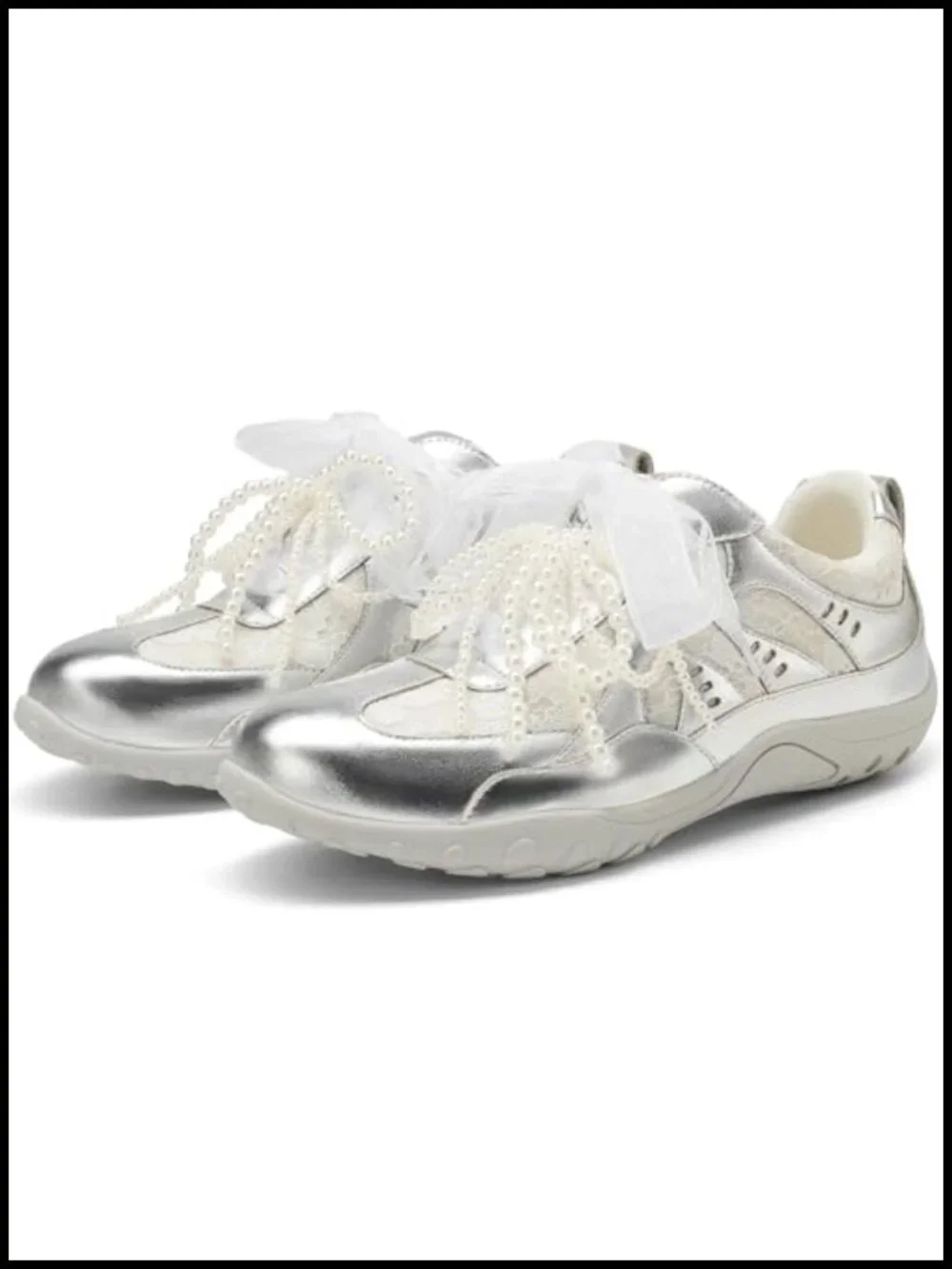 Lace Detail Pearl Sneakers Faux Leather Lace Up Casual Tennis Shoes